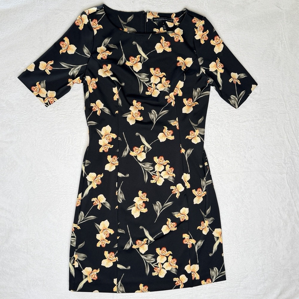WHBM Black Floral Sheath Dress Size 8 Midi‎ Career Office Stretch 3/4 Sleeve Zip